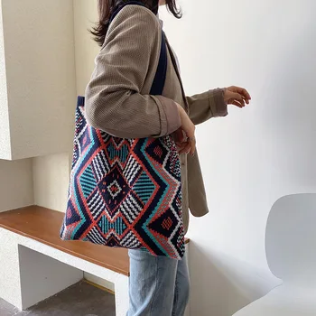 Женская вязаная шерстяная сумка через плечо с красочным ромбовидным узором, простая тканевая сумочка, повседневная сумка-тоут, зимние теплые шерстяные сумки для покупок.