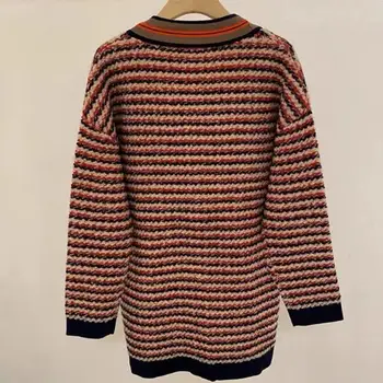 Женский свитер в полоску с V-образным вырезом, свободный крой, однобортные вязаные кардиганы, пальто, контрастная повседневная одежда