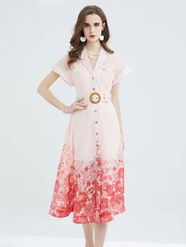 Офисное женское элегантное платье-рубашка с цветочным принтом и поясом, женское повседневное однобортное платье миди с V-образным вырезом, летняя одежда для женщин